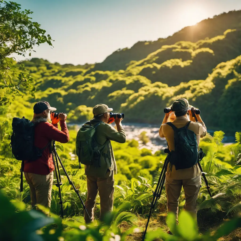 Ate a diverse group of people with binoculars and birding gear observing and pointing at various birds in a lush, vibrant habitat with a clear sky and a sense of camaraderie
