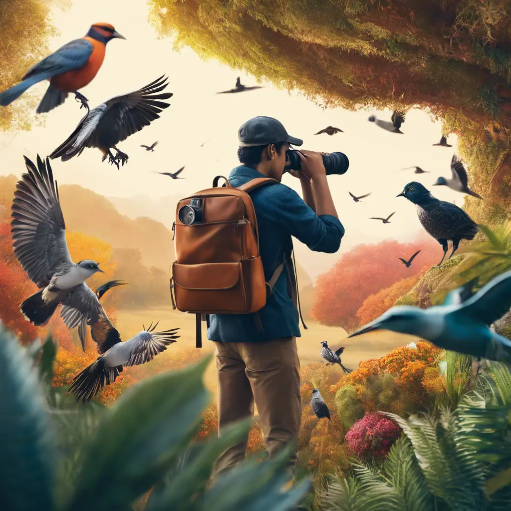 Ate a person holding a bird field guide, peering through binoculars at various birds in a diverse, vibrant habitat, with a notebook and pencil tucked in their backpack