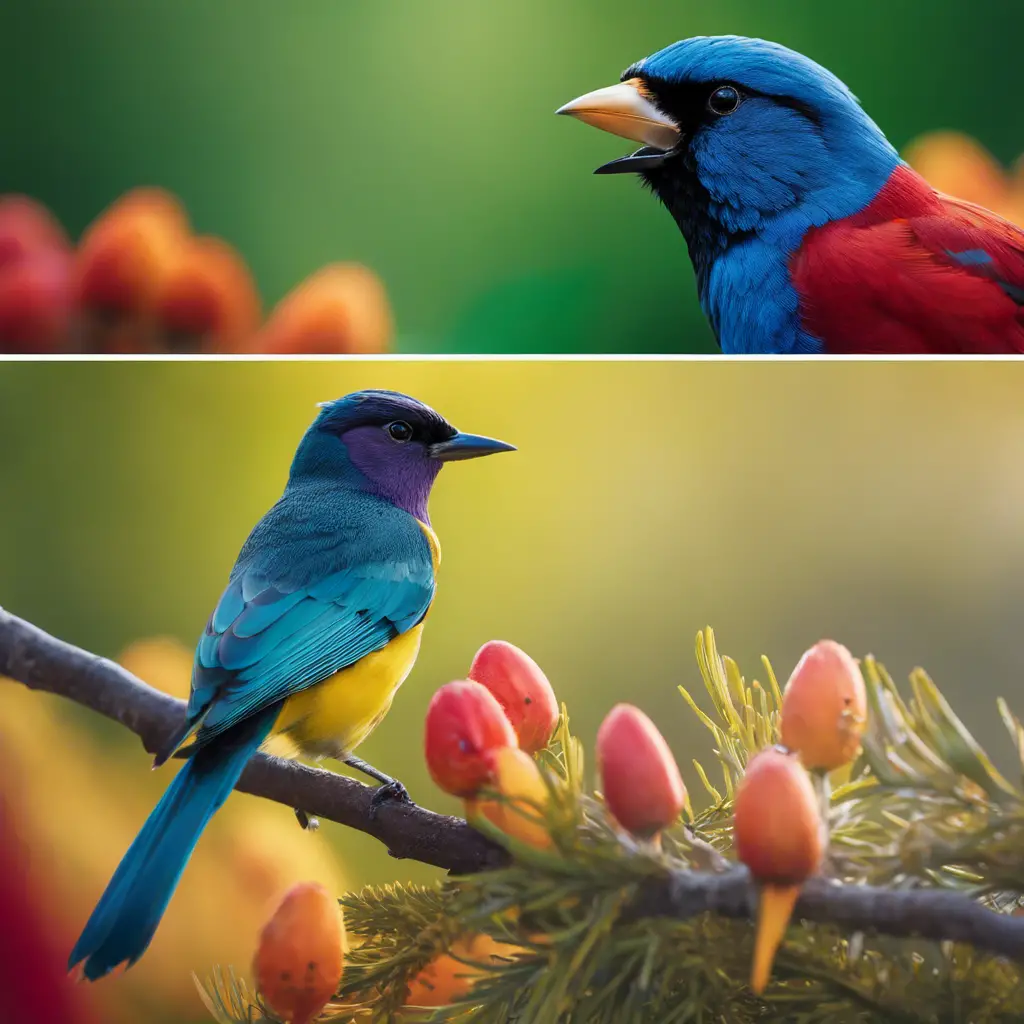 Ate a split-screen image contrasting summer and winter environments with representative birds in each setting, showcasing distinct plumage and color changes for species adaptation