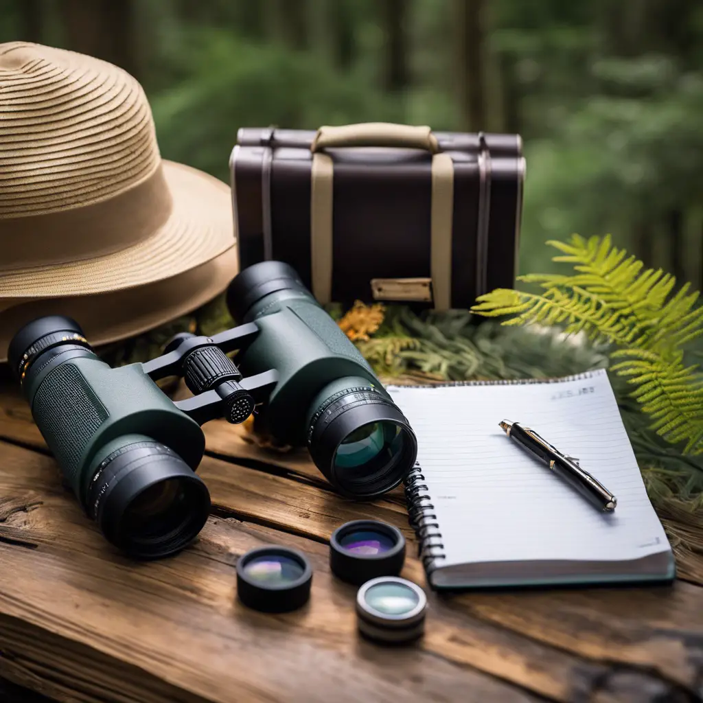 Ate binoculars, a field guide, a notebook, a camera with a telephoto lens, and a hat, all arranged on a wooden surface with a forested birdwatching backdrop