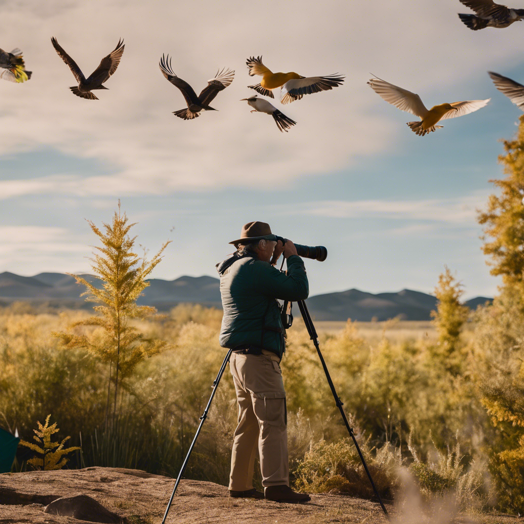 An image featuring distinct regional landscapes with a variety of birds in flight, birdwatchers with binoculars, and festival banners, capturing the essence of birding festivals across the United States