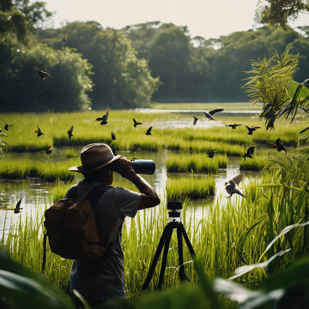 An image of diverse people with binoculars observing birds in a lush wetland habitat, with signage indicating various bird species, and hands planting native flora in the background