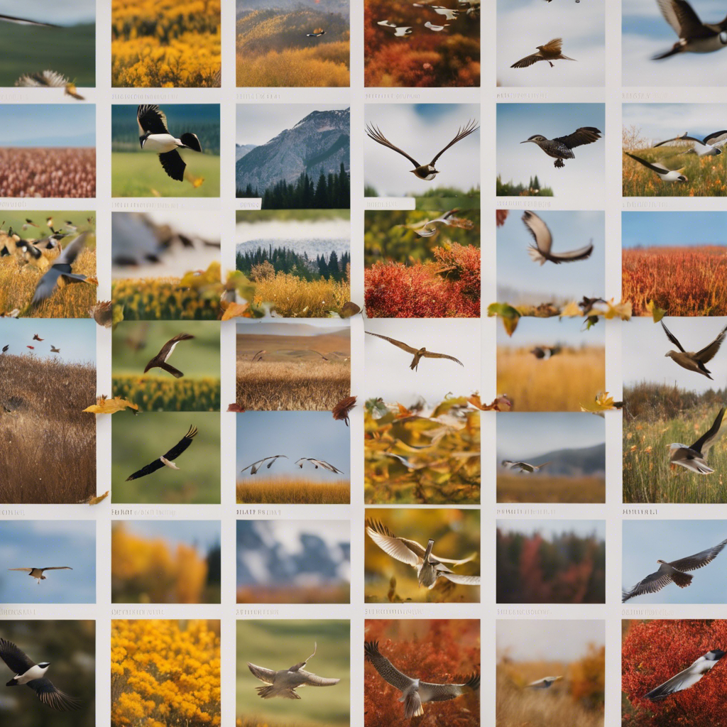 Ate a diverse flock of North American birds in flight across a calendar grid, with each square adorned by regional flora, under a clear seasonal sky transition from winter to fall