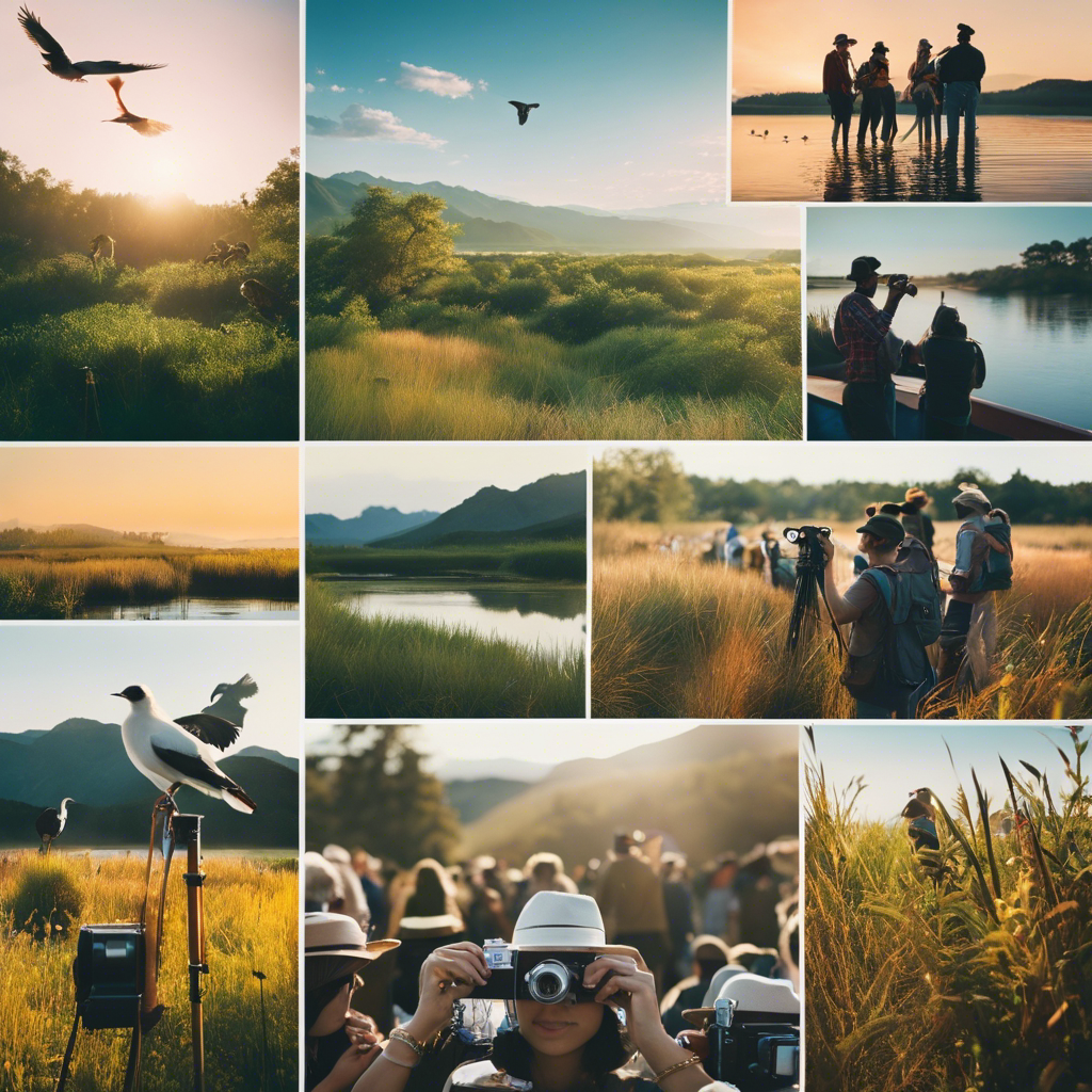 Ate a collage featuring iconic birds, binoculars, a camera, and a festival atmosphere with people birdwatching in diverse landscapes like wetlands, forests, and mountains across the United States