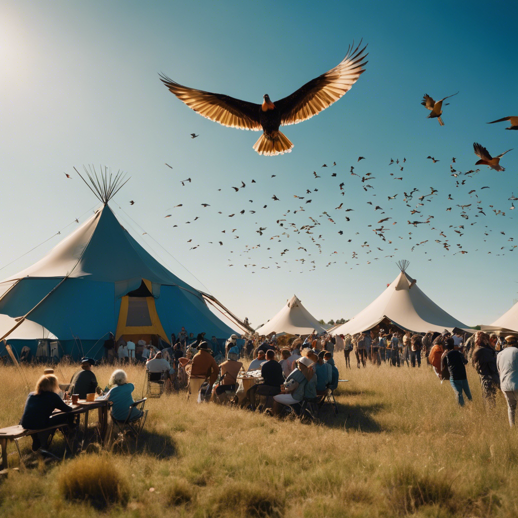 An image with diverse birds in flight above a scenic American landscape dotted with festival tents, binoculars, and birdwatchers with cameras against a backdrop of a clear blue sky
