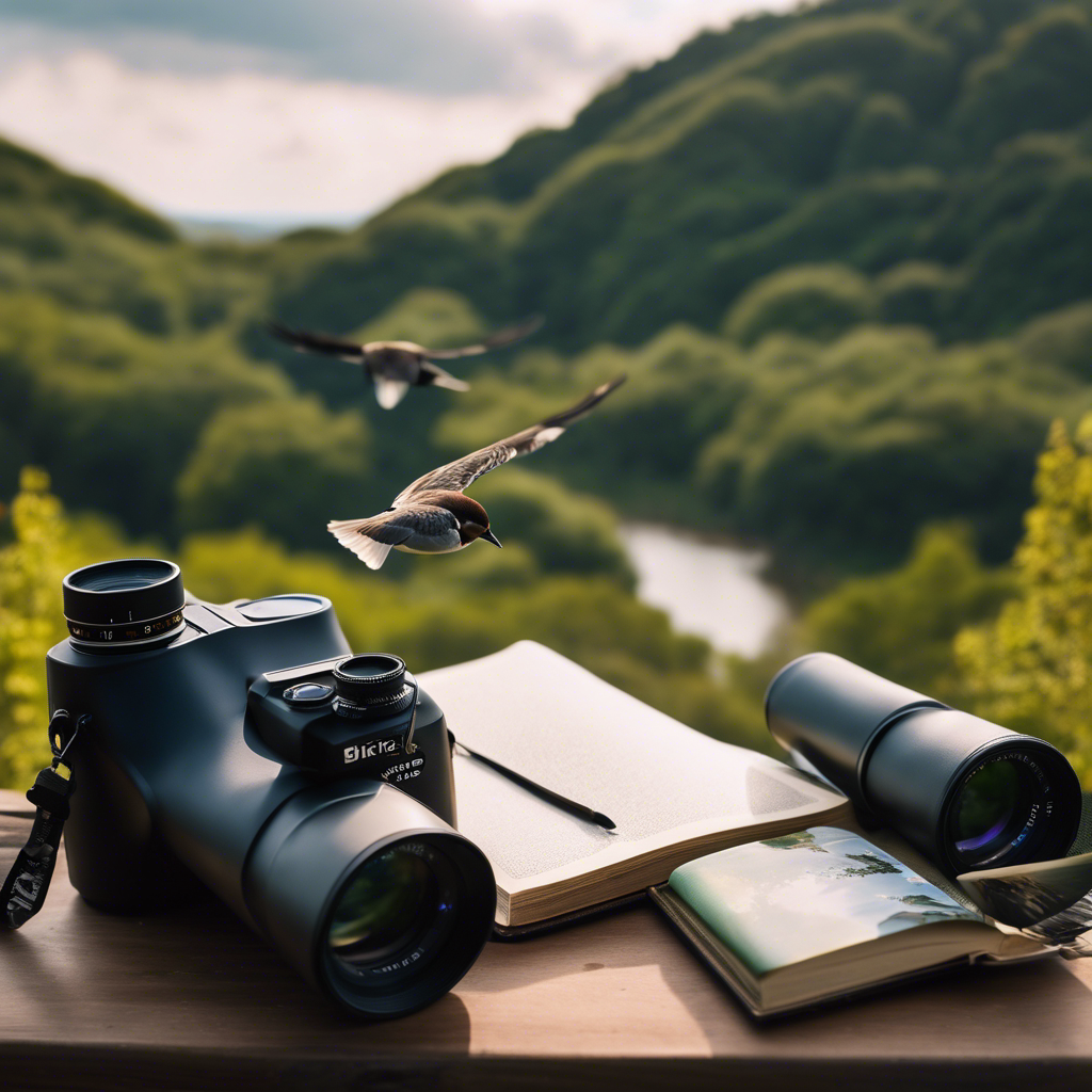 An image with binoculars, a birding guidebook, a camera, a notebook, and a hat, all set against a backdrop of a scenic nature reserve with birds in flight