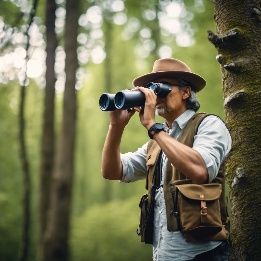 An image of a novice birdwatcher holding binoculars, a bird guidebook, wearing a hat and a vest with pockets, surrounded by trees and birds in flight in a tranquil forest setting
