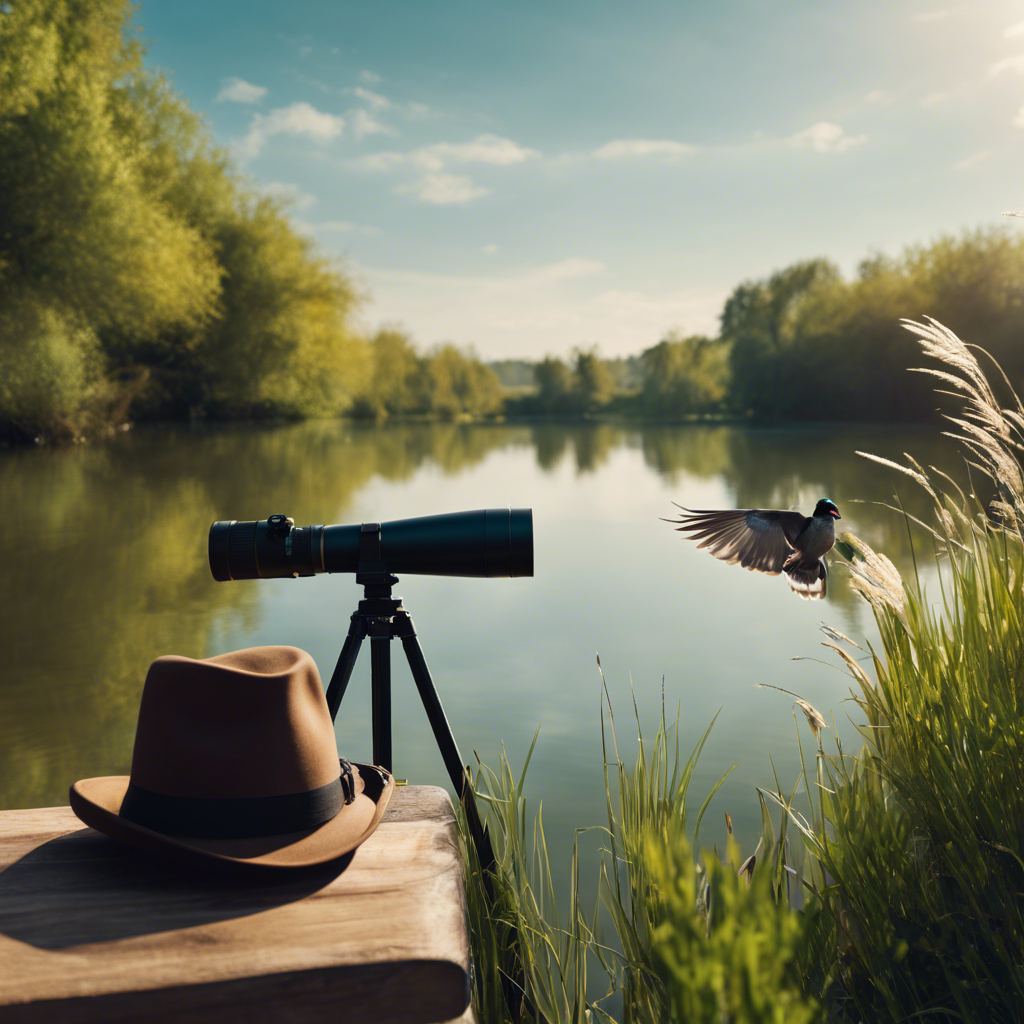 E of a serene lake with binoculars, a bird guide, a hat on a bench, and a variety of birds in diverse habitats like trees, reeds, and open sky