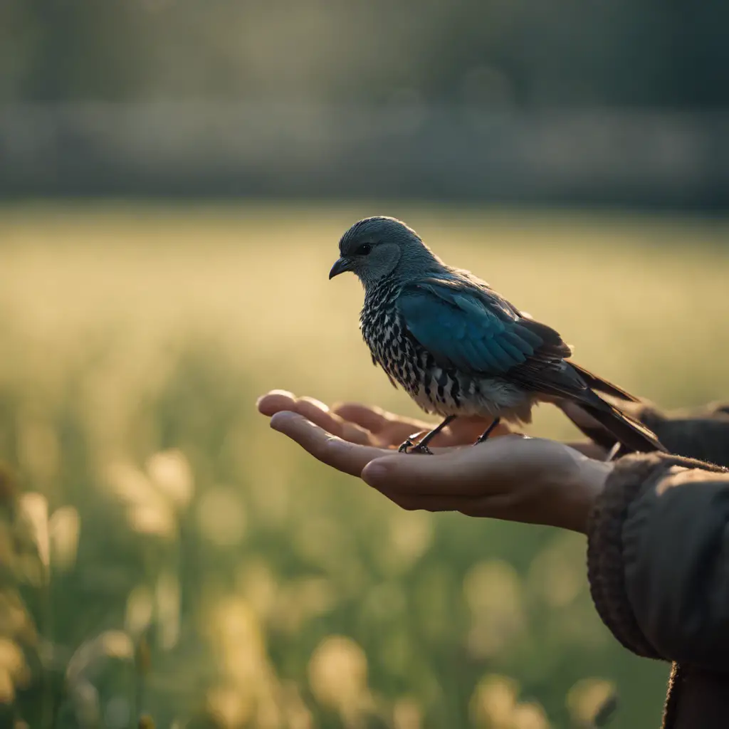 N image featuring a compassionate human hand gently cradling a bird with a visible, but not graphic, injured wing, set against a serene background hinting at avian habitats