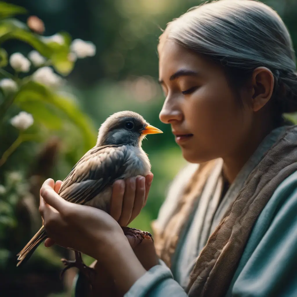 An image of a human gently cradling an injured bird with a visible bandage, surrounded by a peaceful garden habitat, conveying care and compassion in the context of bird welfare