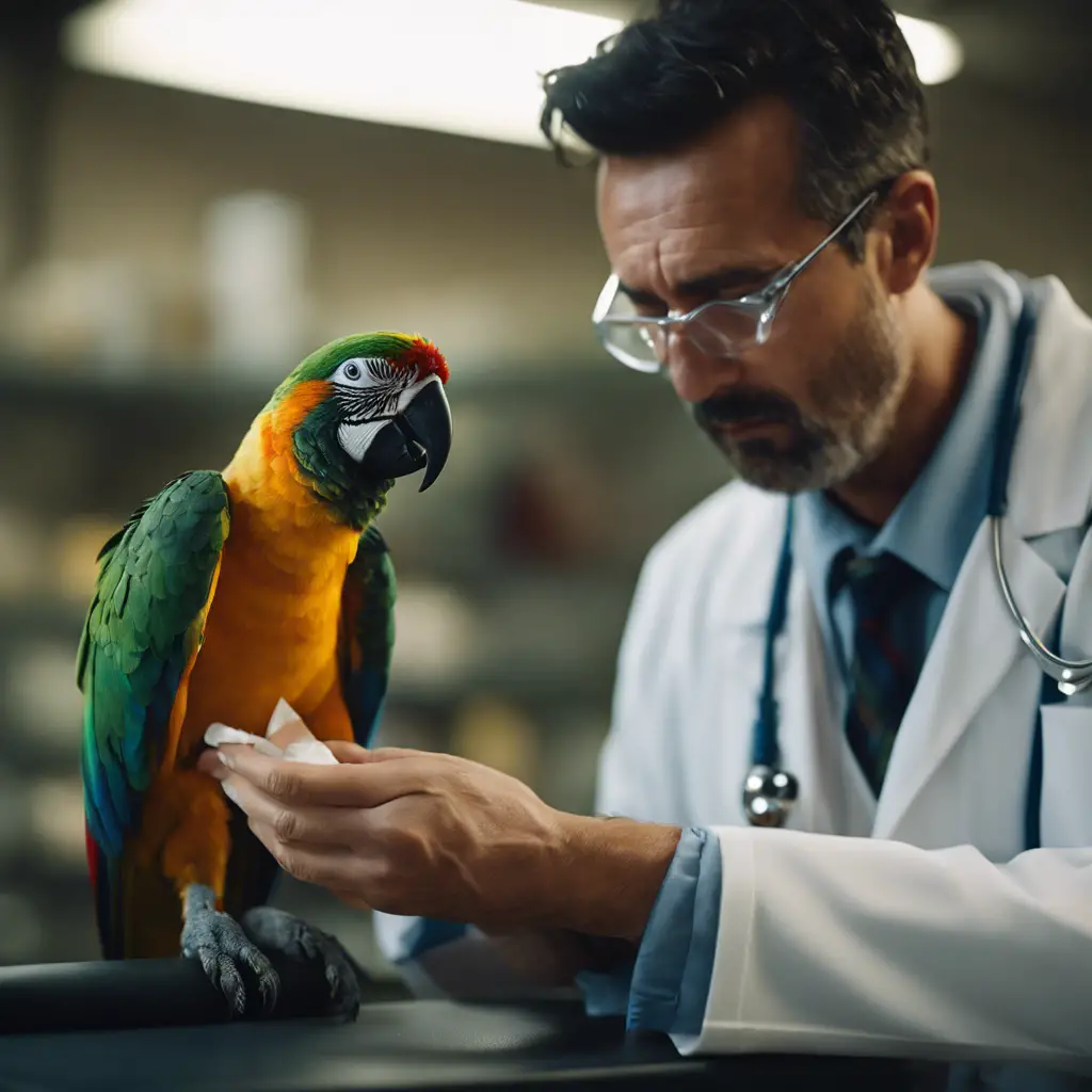 An image of a concerned veterinarian examining a parrot with a wing wrapped in a bandage, displaying subtle signs of distress like ruffled feathers and a slightly hunched posture