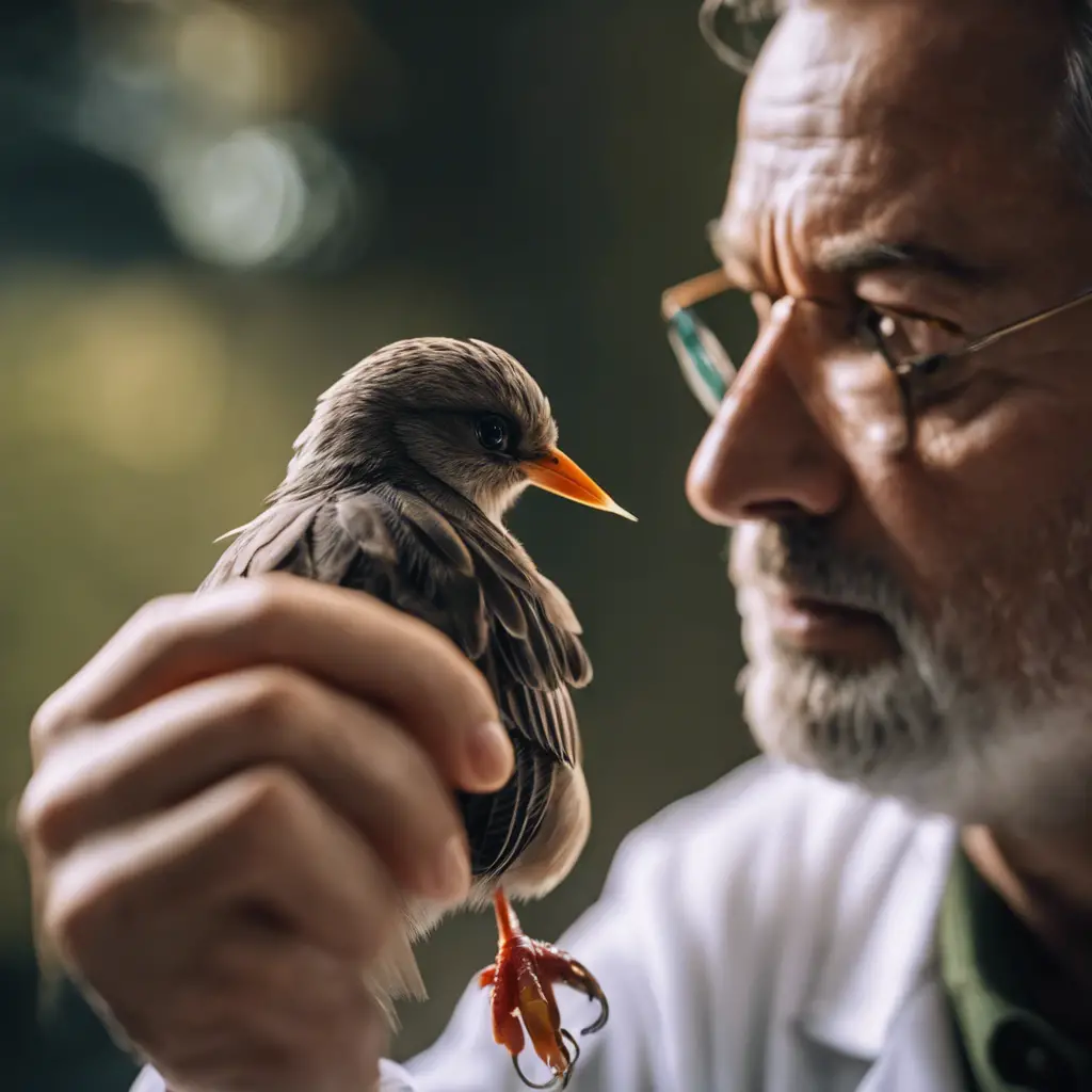 -up of a concerned veterinarian gently examining a wounded bird's wing, with empathetic eyes and a healing touch, under soft, caring light