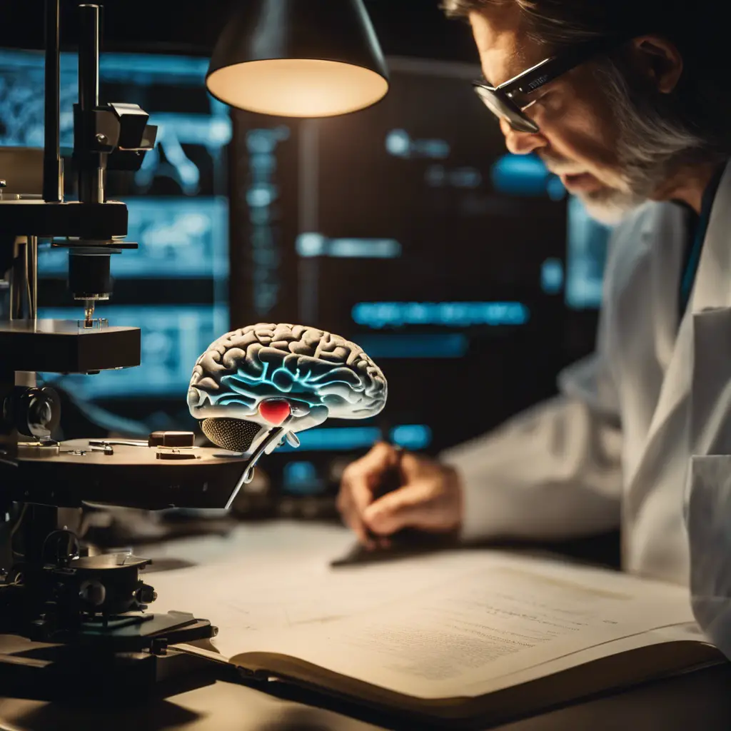An image of a researcher observing a magnified brain scan of a bird, highlighting the pain receptors, with various scientific instruments and notes in the background