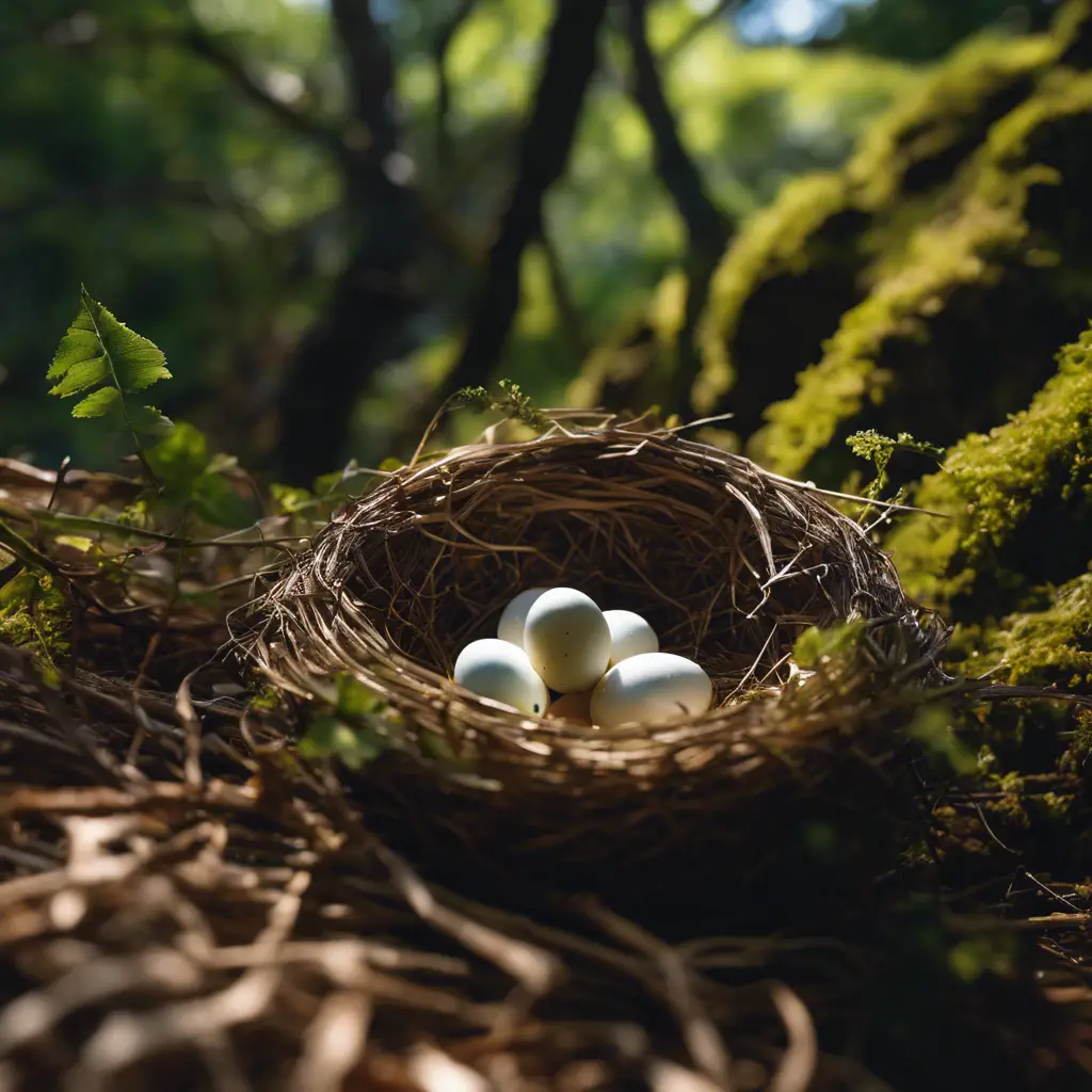 An image featuring a variety of birds building nests, incubating eggs, and shielding hatchlings, set in a diverse landscape of trees, cliffs, and ground foliage, capturing the essence of nurturing and protection