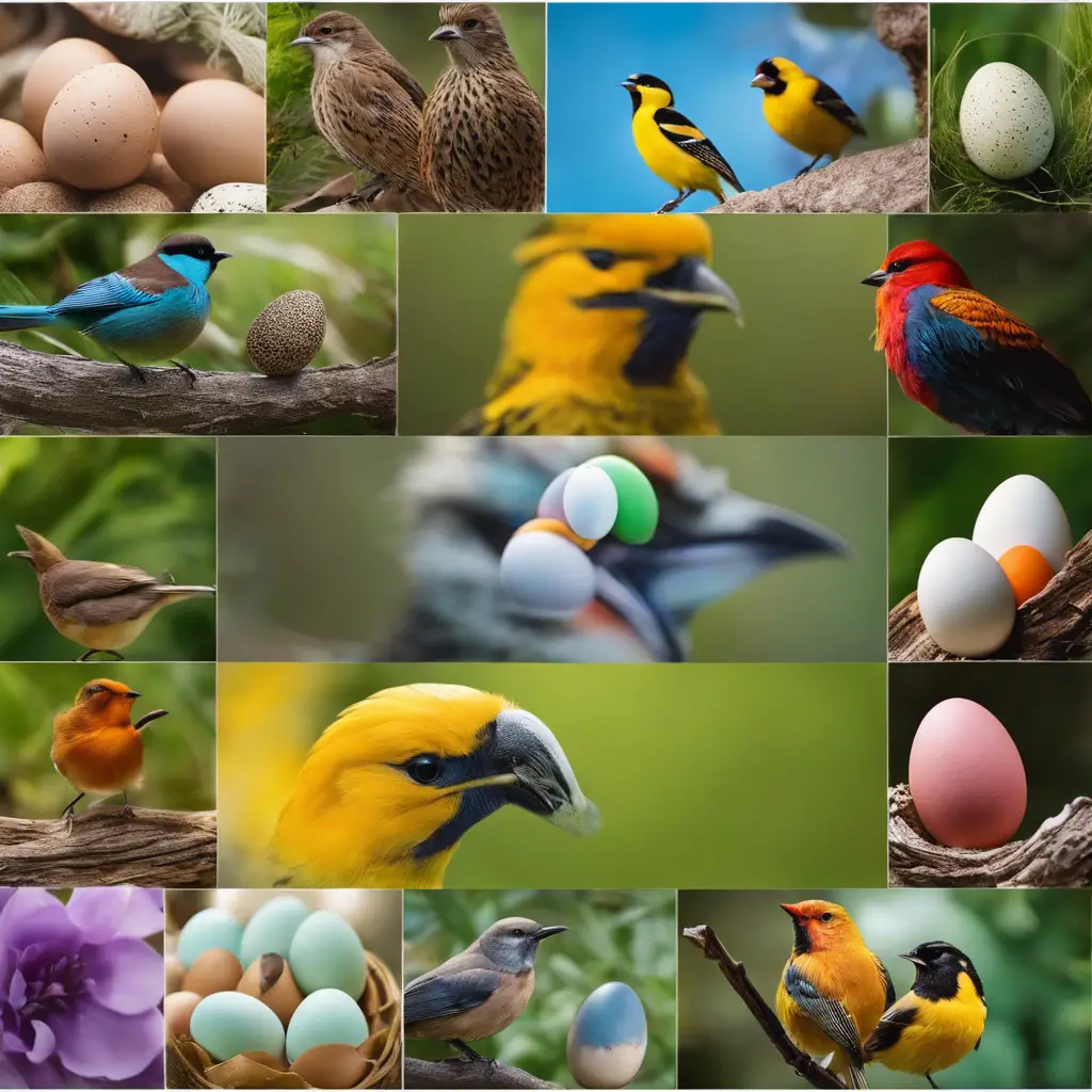 A collage showcasing a diverse array of bird species, with each depicted alongside their uniquely textured and colored eggs, set against a backdrop of their natural habitat