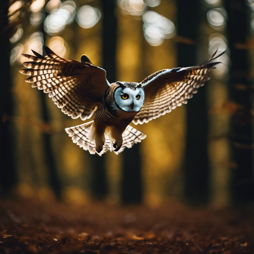 An image of an owl in flight under a moonlit sky, with its eyes glowing, capturing the essence of its exceptional night vision amidst a forest backdrop