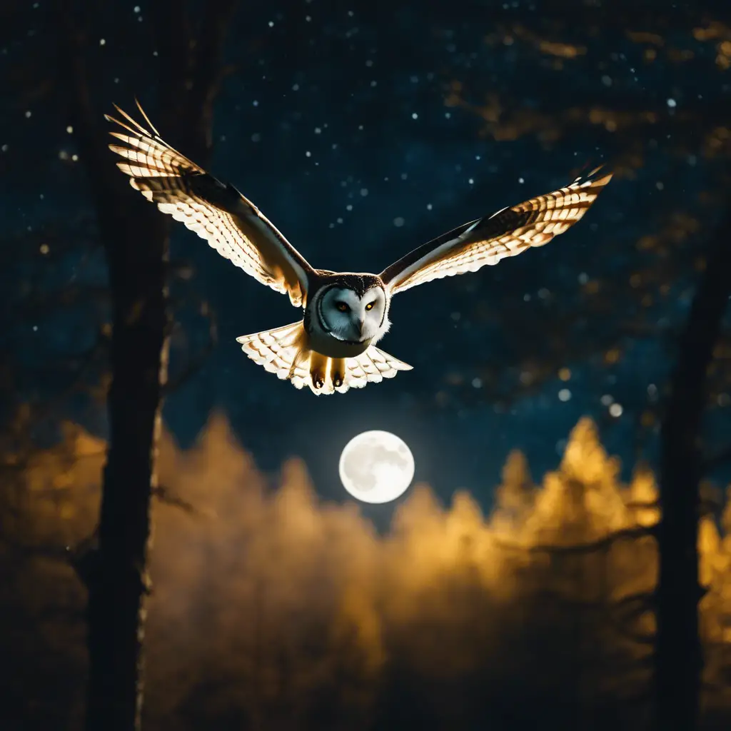 In flight under a moonlit sky, gliding over a tranquil forest with illuminated eyes, and subtle silhouettes of trees and nocturnal creatures below
