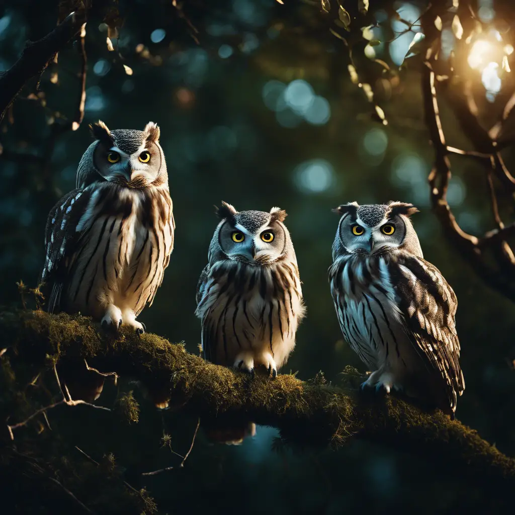 An image of multiple owls on branches in a moonlit forest, some interacting, with varied postures and expressions, capturing the essence of their group dynamics
