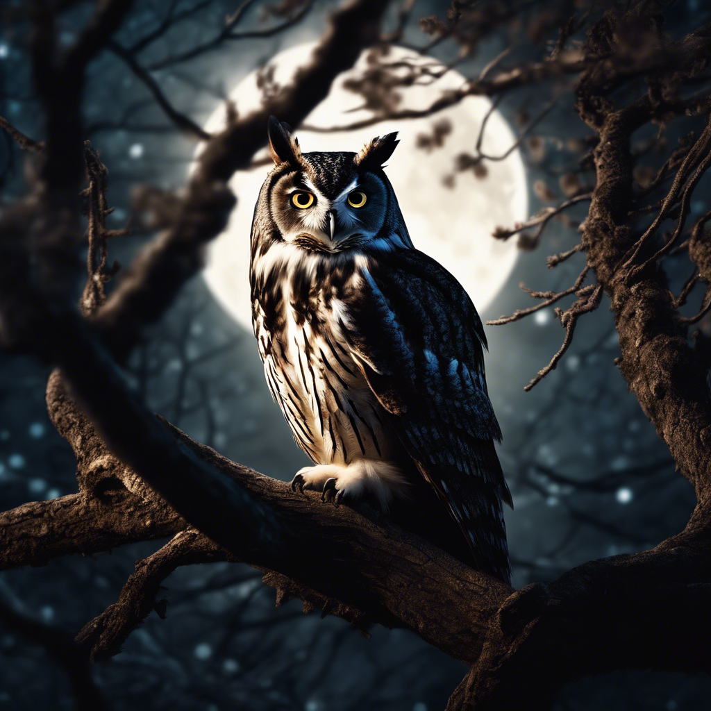 An image of a solitary owl perched on a gnarled tree branch under a moonlit sky, with shadowy forest silhouettes and no other animals visible