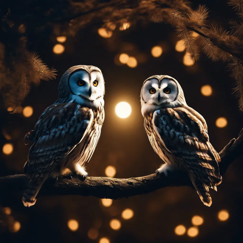 An image of two owls perched closely on a moonlit branch, with intertwined feathers, against a backdrop of a heart-shaped silhouette formed by tree branches