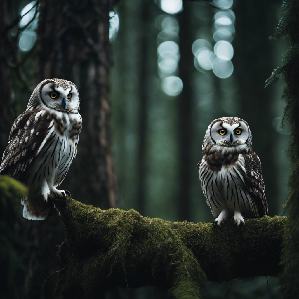 An image of multiple owls perched at varying distances in a dense, moonlit forest, some in pairs, others solitary, highlighting the complexity of owl social interactions