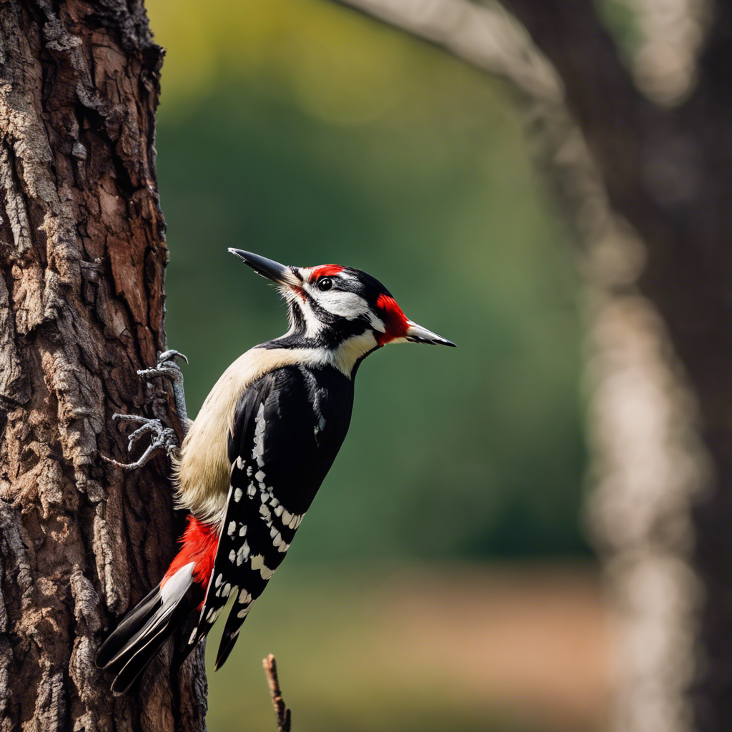 An image of a woodpecker returning to a weathered tree in a changing landscape, with signs of urbanization encroaching on a once-forested nesting area