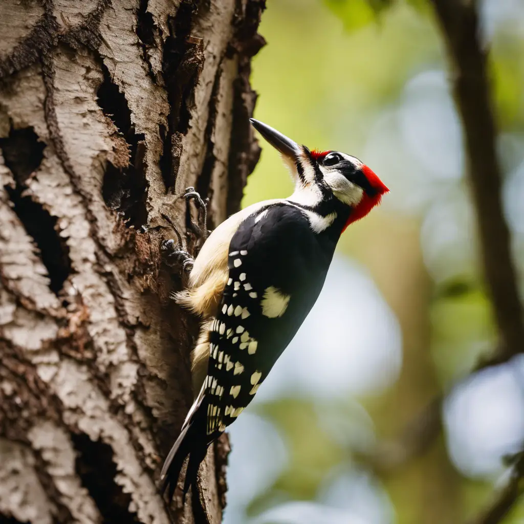 An image of a woodpecker perched on a large oak tree, with various other trees in the background, displaying a clear preference by numerous peckholes dotting the oak's bark