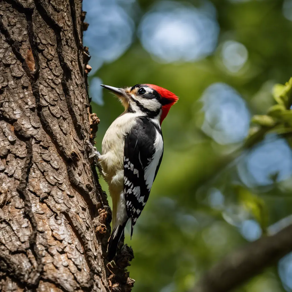 Ze a woodpecker pecking at a partially hollow oak tree with visible signs of decay, surrounded by healthy trees, illustrating the impact of woodpecker activity on different tree health conditions