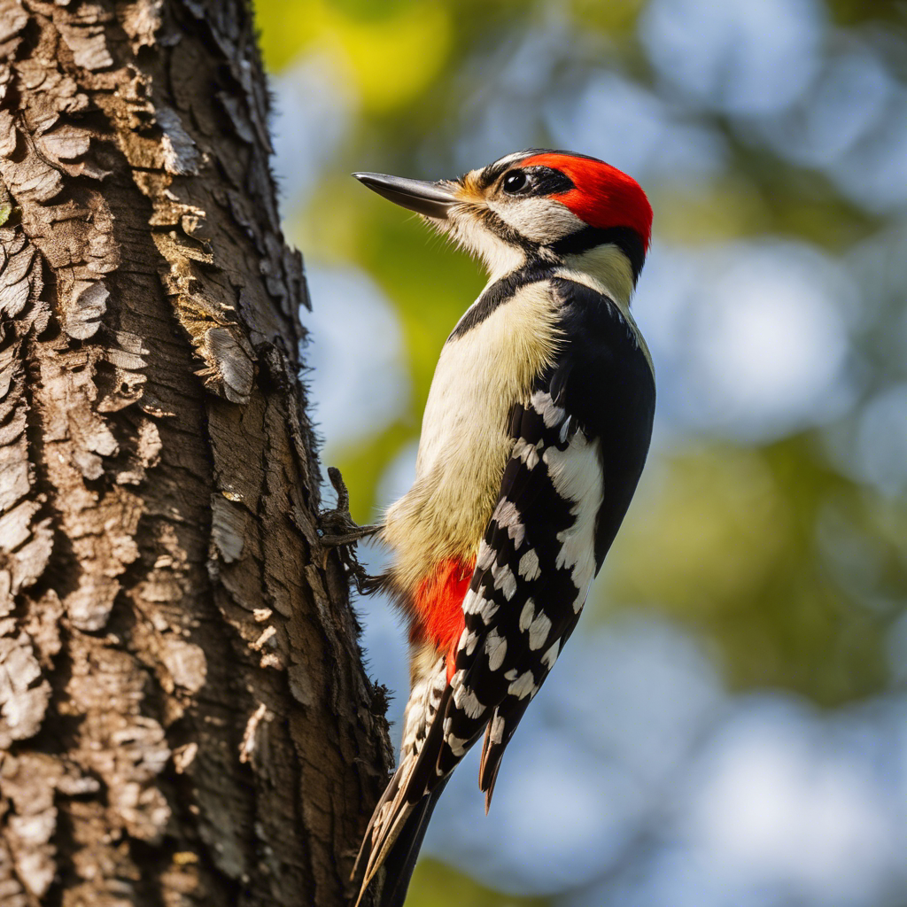 Ate a woodpecker perched on a vibrant oak tree, with various tree species in the background, highlighting the oak's unique bark texture and the woodpecker's engagement with it