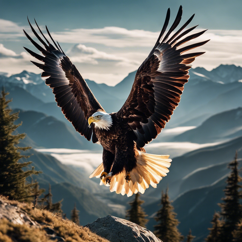 E soaring high above a vast landscape, with a split view comparing the sharp, detailed mountains and forest below to a blurrier, less focused human perspective on the same scene