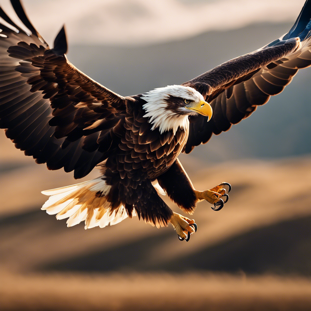 E an image of an eagle soaring high above a vast landscape, with a close-up inset showing the eagle's eye reflecting a clear, detailed view of tiny prey on the ground below
