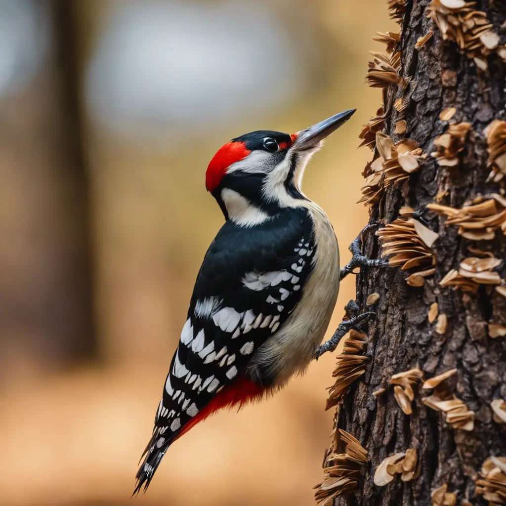 Ate a dynamic close-up of a woodpecker mid-peck, with wood chips flying and detailed feather texture, capturing the precise, rapid motion of its beak impacting a tree trunk