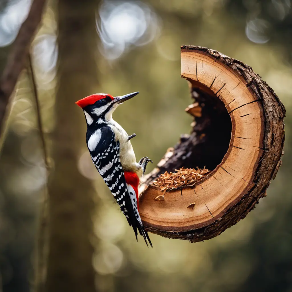 An image of a dynamic woodpecker in mid-peck, with wood chips flying, against a backdrop of a forest, highlighting the circular progress of a hole on a textured tree bark