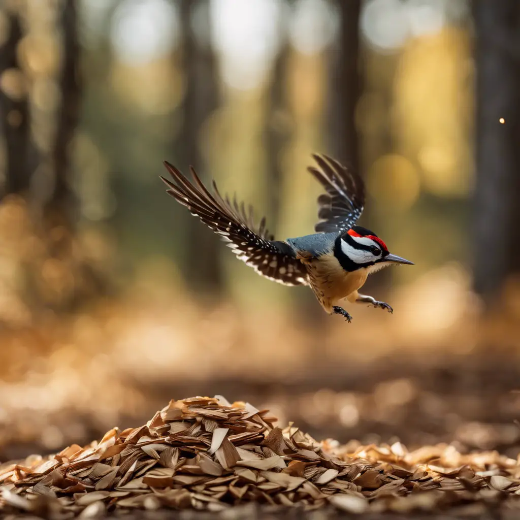 Ze a dynamic scene: a woodpecker in mid-action, wood chips flying, stopwatch showing seconds, various trees (hardwood, softwood), and seasonal backgrounds (spring, summer, autumn, winter) to represent different factors affecting its pecking speed
