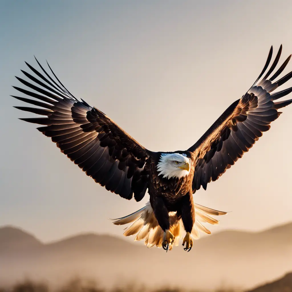 Ate an eagle mid-flight, wings fully extended, showcasing the feather structure, against a clear sky backdrop with subtle airflow lines to emphasize aerodynamics