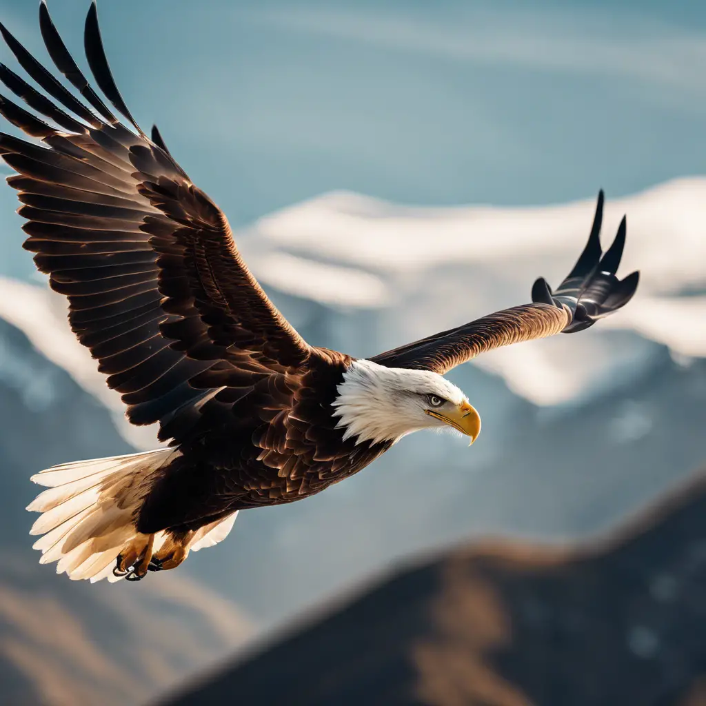 E an image of a majestic eagle soaring amidst varying wind currents, with a mountainous terrain below and a clear sky indicating different weather patterns impacting its flight speed