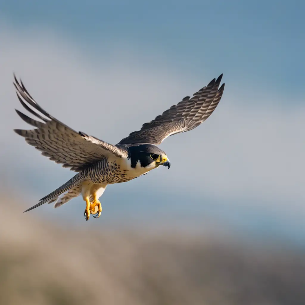 Ate a peregrine falcon in a dynamic dive, wings swept back, with speed lines, against a clear sky, flanked by a variety of birds in flight displaying different wing positions