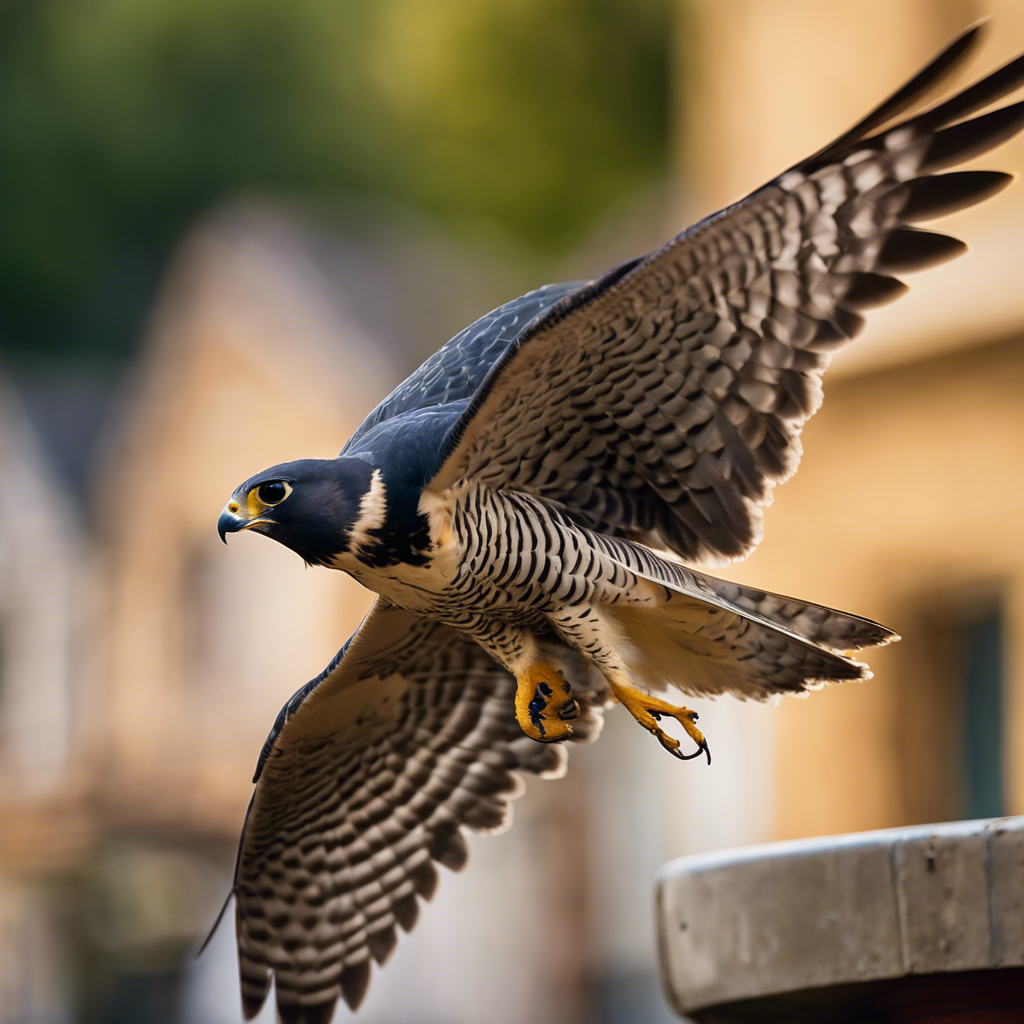 E an image of a peregrine falcon in a stoop dive, feathers streamlined, against a blurred background conveying extreme speed, with a stopwatch showing a record-breaking time subtly integrated into the scene