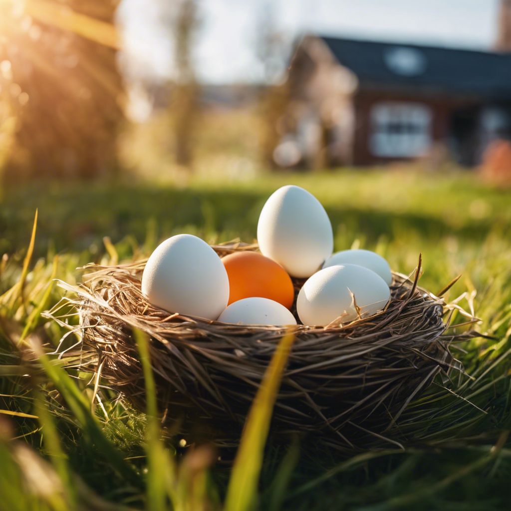 An image of a nest with goose eggs, a feather, a heat lamp above, and a calendar with days marked off in a sunny, grassy environment, conveying anticipation and preparation