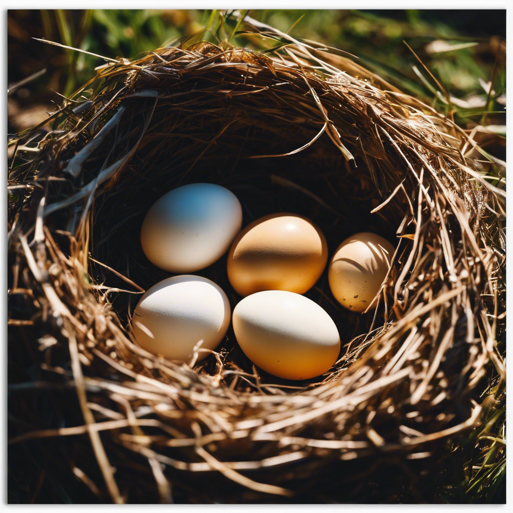 Ate a nest with various stages of goose eggs, from intact to slightly cracked, to one with a gosling's beak poking through, under a warm, golden sun