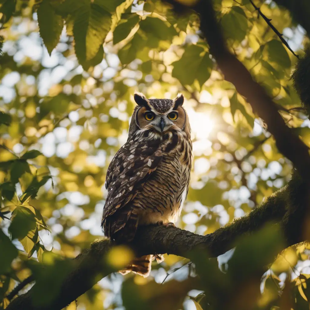 An image of various owls in peaceful slumber on tree branches during daylight, with a sun high in the sky casting gentle rays through a canopy of leaves