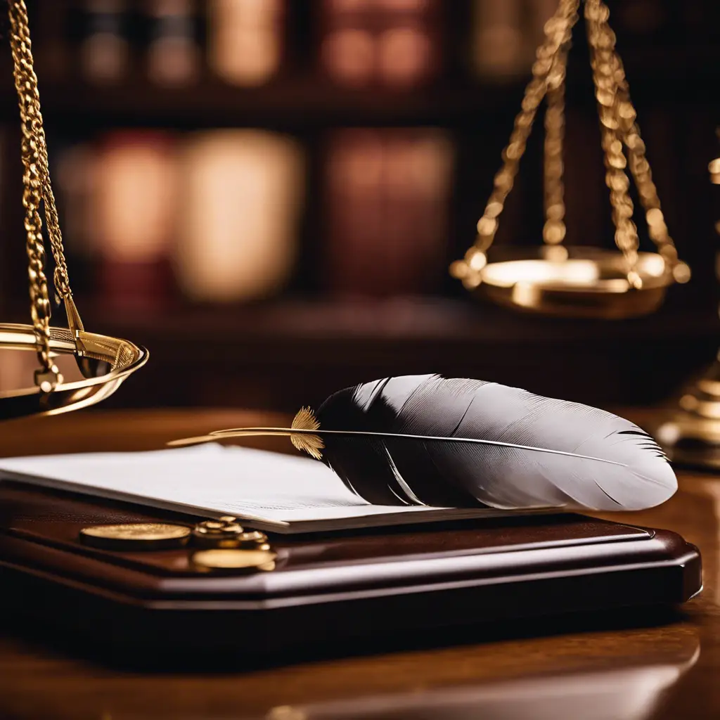 An image of a bald eagle feather balanced on a scale of justice, with a courtroom background, symbolizing the legal weight of possessing a bald eagle feather