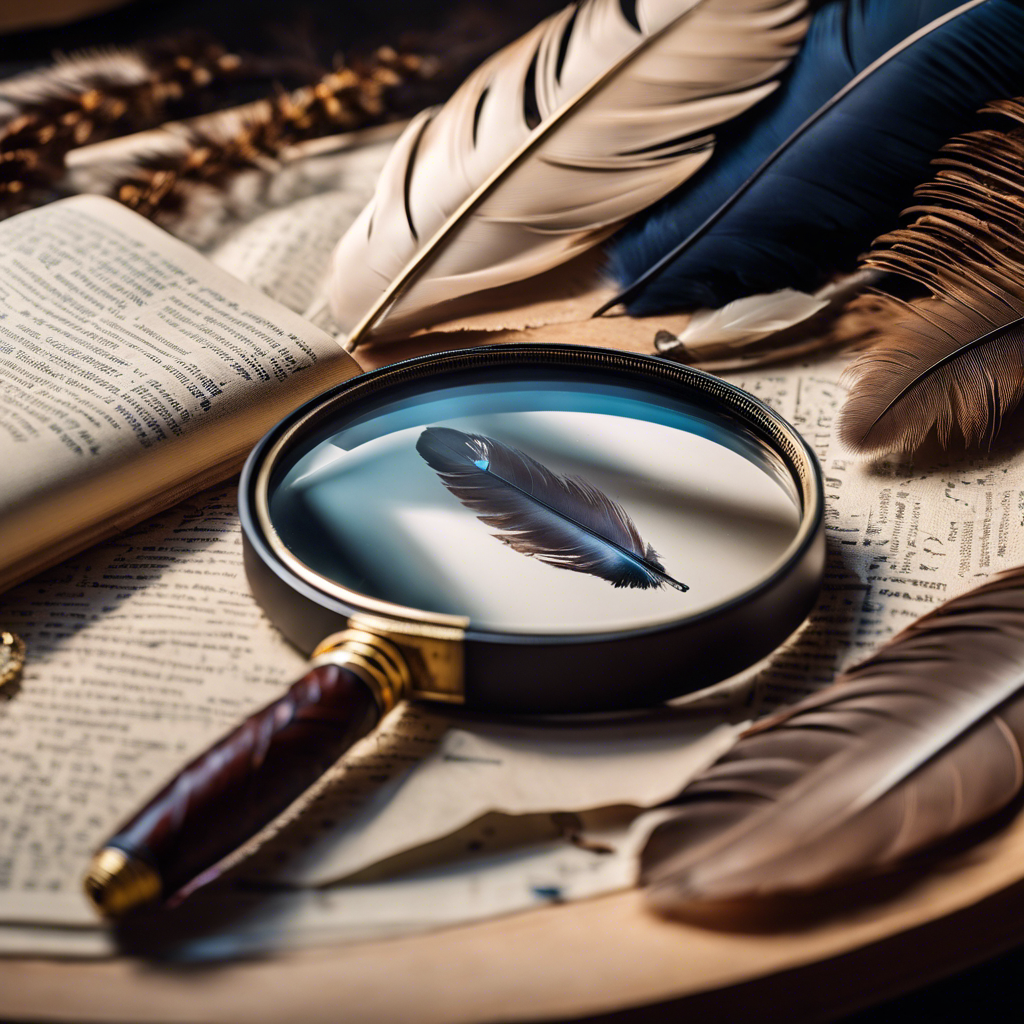 An image featuring a magnifying glass inspecting the intricate details of a bald eagle feather against a backdrop of a guidebook with illustrations of various feathers