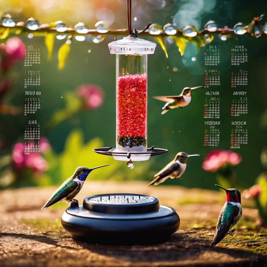 An image of sparkling clean hummingbird feeders surrounded by hummingbirds with a calendar showing different days marked with a small brush and water droplets