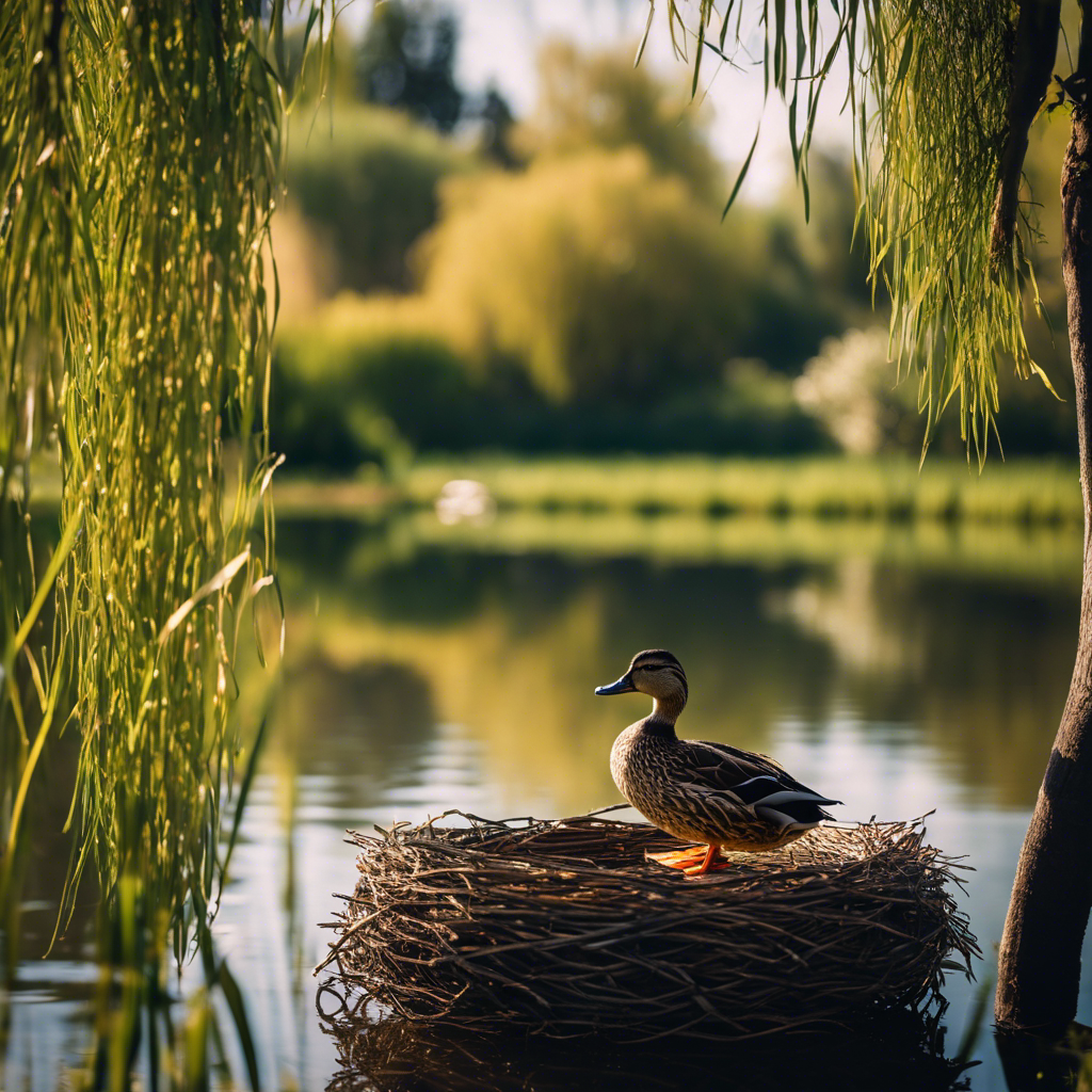 A serene pond edge with a camouflaged duck nest in tall grasses, a protective fence, and a watchful mother duck, under the sheltering branches of a willow tree