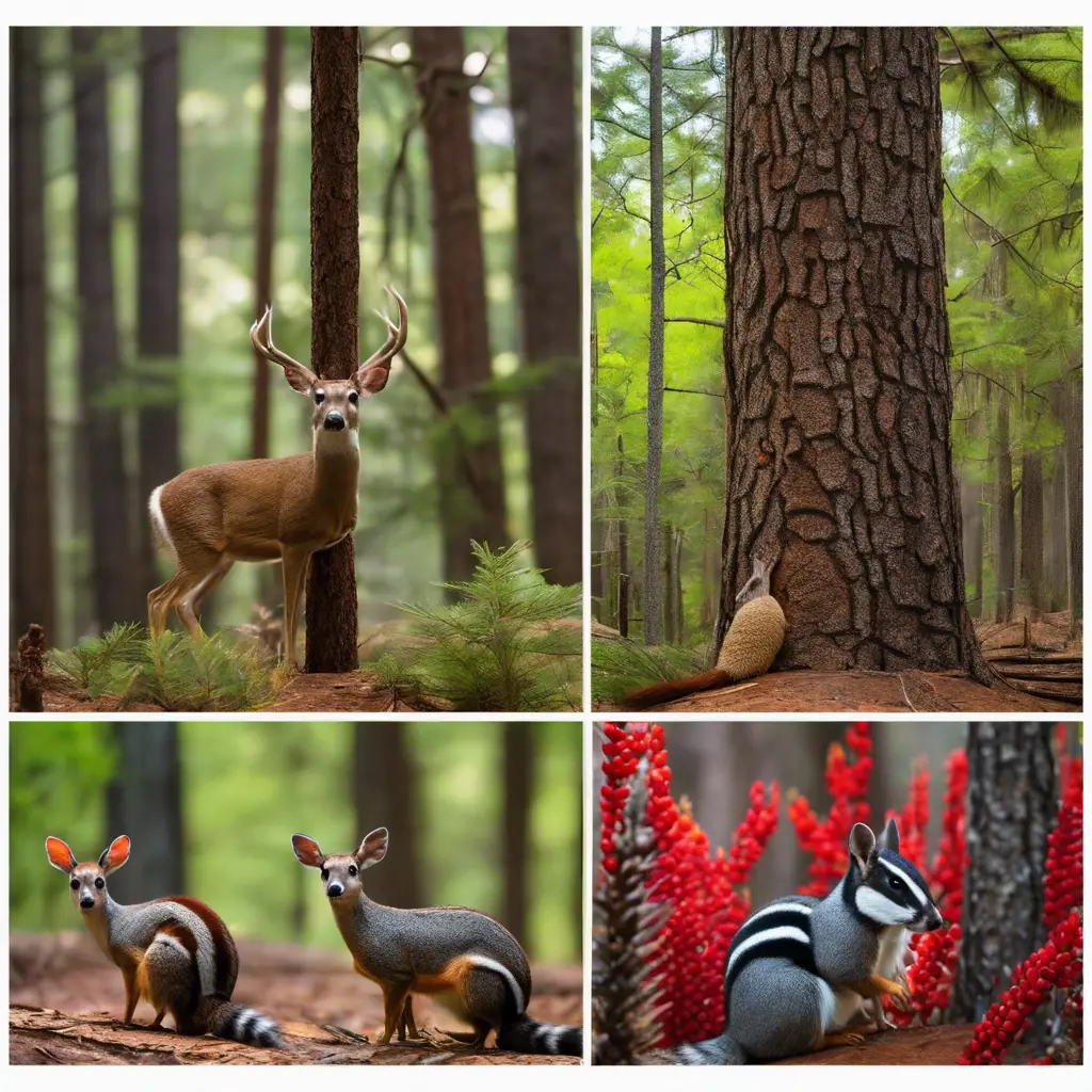 A vibrant collage featuring a white-tailed deer, a nine-banded armadillo, a red-cockaded woodpecker, an eastern gray squirrel, and a raccoon in a lush East Texas pine forest setting