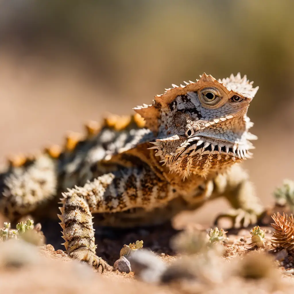 A detailed image featuring a group of the most common horned lizards in California's natural habitat, with distinct horns and camouflage patterns, amidst desert flora under a bright, clear sky