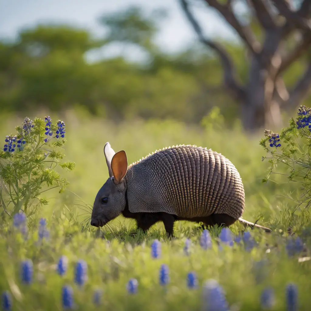 Ate grouped nine-banded armadillos, white-tailed deer, coyotes, striped skunks, and Mexican free-tailed bats in their natural Texas habitats with distinct flora like bluebonnets and mesquite trees