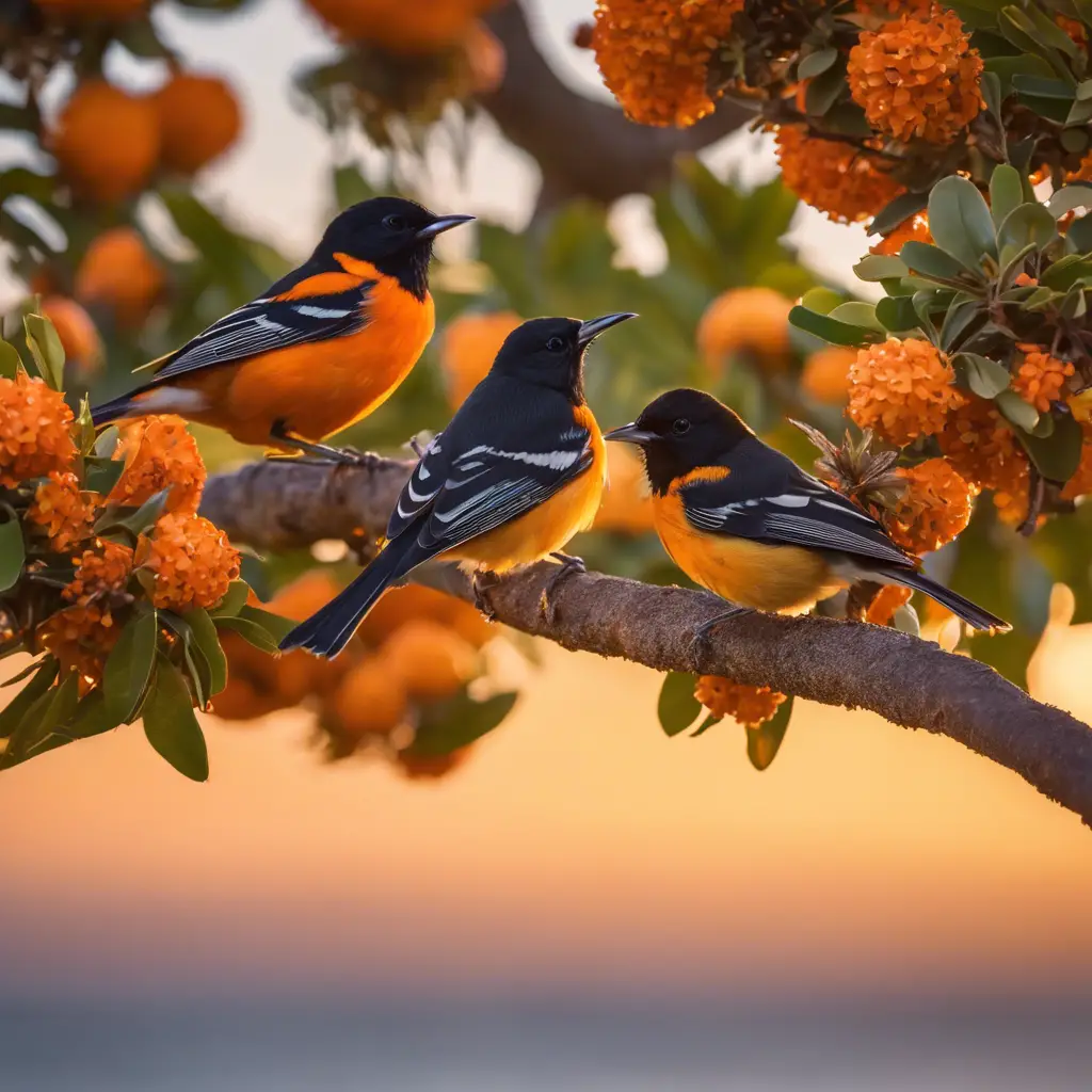 Ate the three most common Orioles of California - the Bullock's, Hooded, and Scott's - perched together in a blooming orange tree, with the Pacific coastline in the background, at sunset