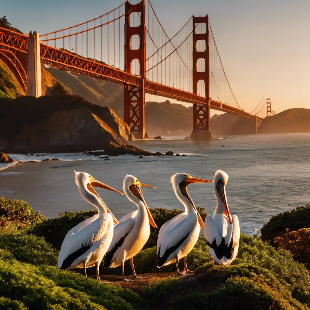 Elicans native to California—Brown, American White, and Pacific—soaring over a coastal sunset, with iconic redwoods and the Golden Gate Bridge in the background